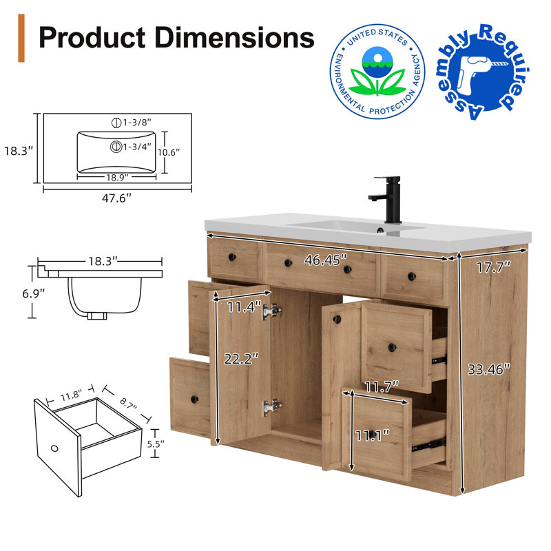 Jadaya 48 Inch Single Sink Bathroom Vanity Set With Resin Sink Top, Assembly Required, Oak