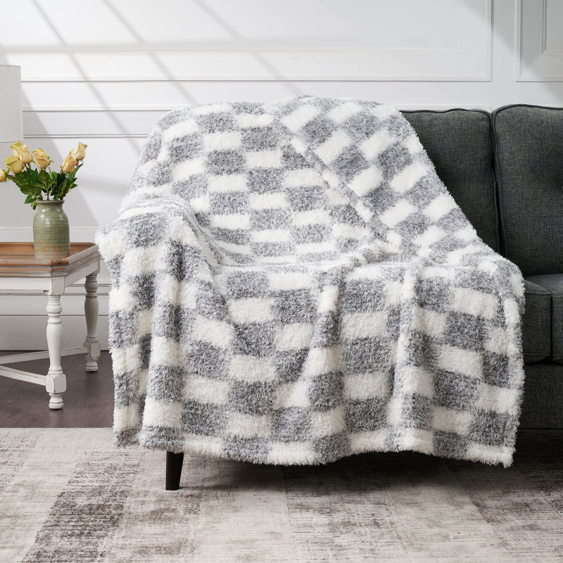 Jeté en chenille à carreaux CBCHome, Gris givré