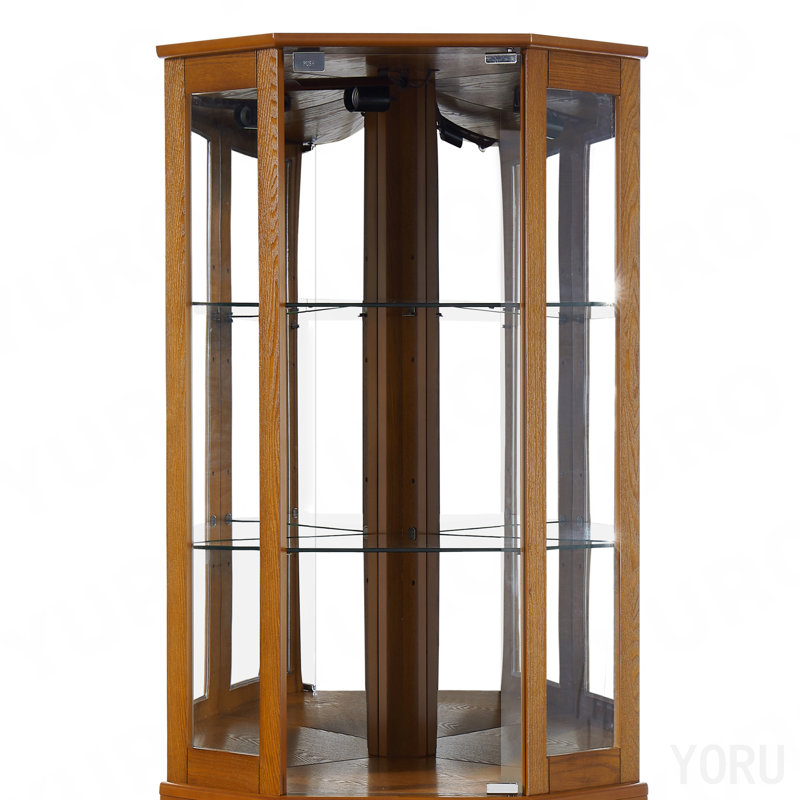 Vitrine de coin à 6 tablettes, éclairage, miroir arrière - chêne