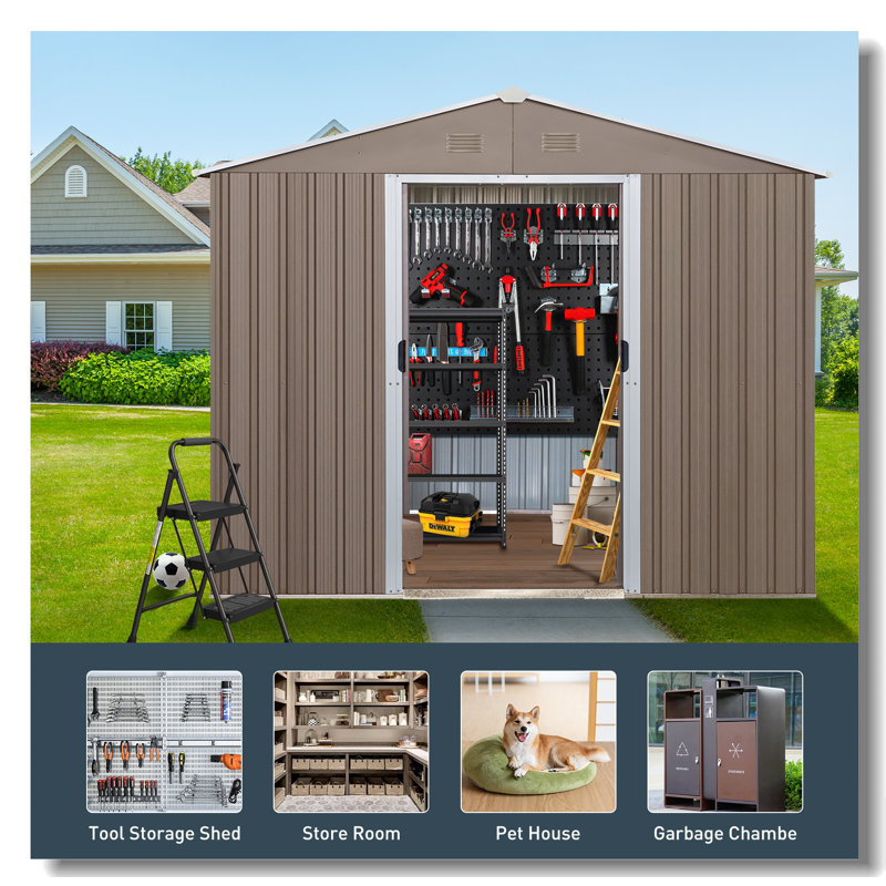 Gray 8' x 10' Metal Outdoor Storage Shed with Windows
