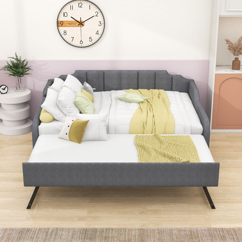 Full Upholstered Daybed with Twin Trundle and USB Ports
