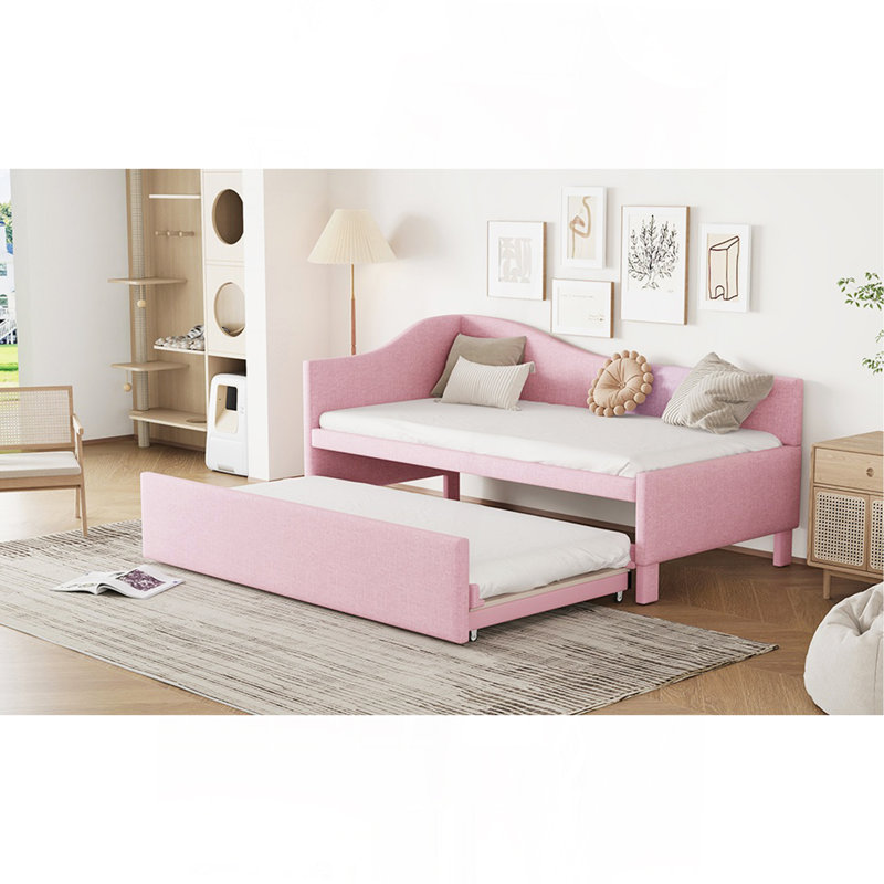 Twin Size Upholstered L-Shaped Upholstered Daybed With Pop Up Trundle, Pink, Pink