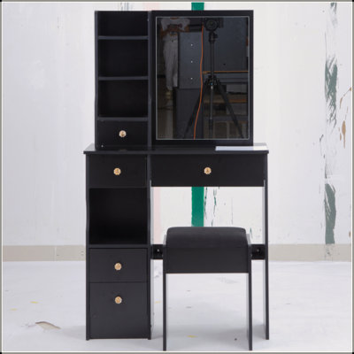 Small Size Left Drawer Desktop Vanity Table + Cushioned Stool, Extra Large Sliding Mirror, Multi Layer, High Capacity Storage Fashionable Dresser, Suitable For Small Space, EPA,GCC,UL Certificate