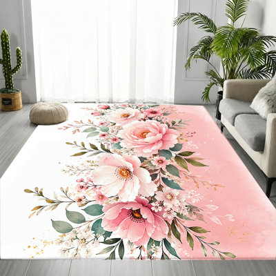Watercolor Floral Area Rug, Pink White Rose Blossom Pattern, Non-Slip Floor Protection Mat, Aesthetic Indoor Decor for Living Room, Bedroom, Entryway, Kitchen, Balcony, Apartment
