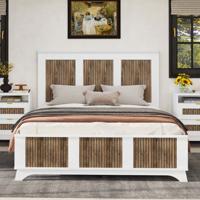 Farmhouse Wooden Platform Bed,Modern Platform Bed With Wooden Strip Stickers Decoration,Plywood Slats Support
