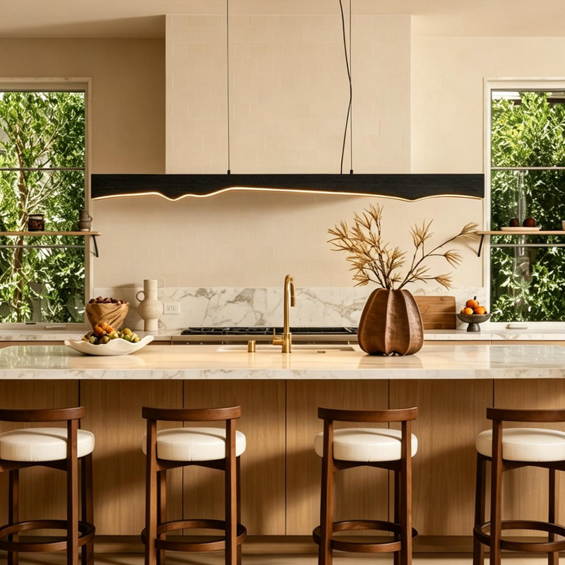 Luminaire suspendu linéaire moderne à 1 lumière pour îlot de cuisine avec détails en bois