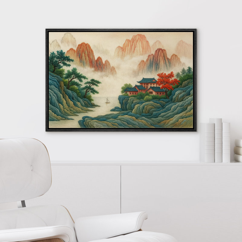 «Asian Mountain Village Lakeside Landscape Art», reproduction d'art sur toile encadrée dans la chambre principale, Noir