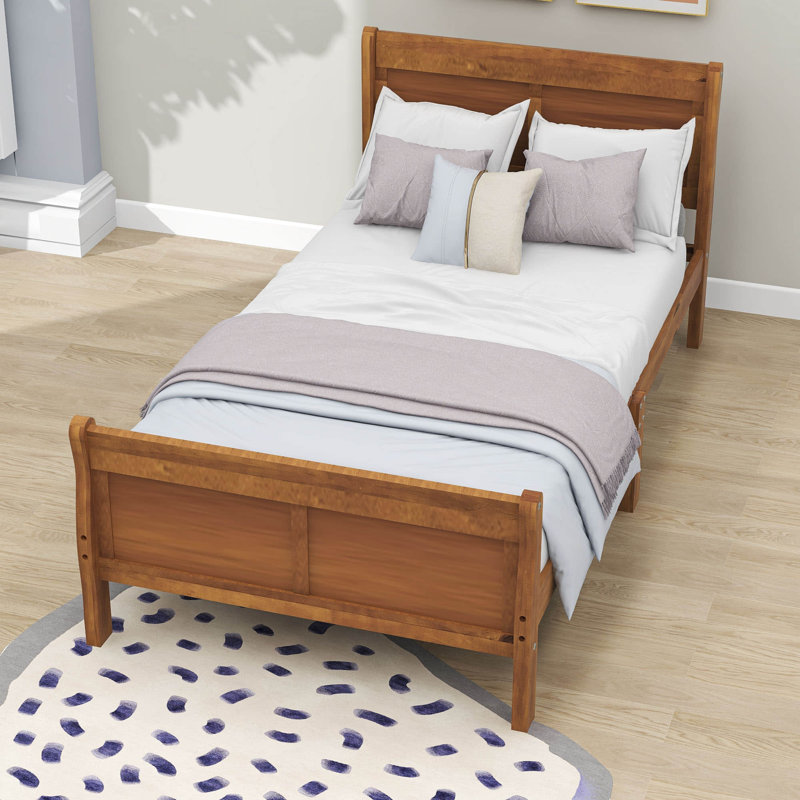 Twin Size Wooden Platform Bed with Headboard, Oak