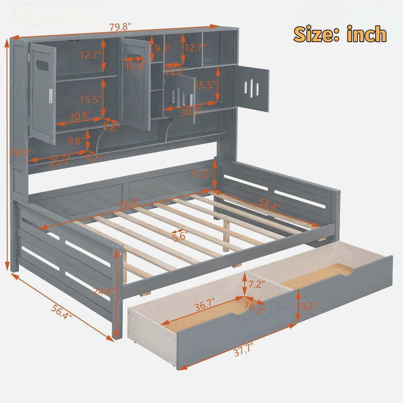 Lit de jour tout-en-un en bois avec 2 tiroirs, armoires et tablettes, Simple, Gris