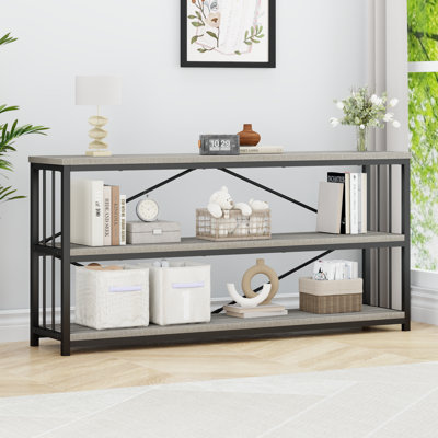 Horizontal Bookshelf, 63" Modern Cube Storage Organizer BookcaseWide Bookshelves, Industrial Long Wood Metal Book Shelf, Low Cube Shelf for Office Home Bedroom Living Room