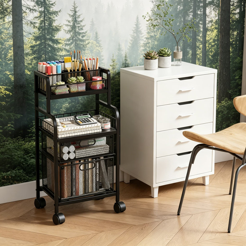 Chariot de bricolage mobile avec tiroirs et tablette en bois - Organisateur de rangement à 4 niveaux avec roulettes verrouillables