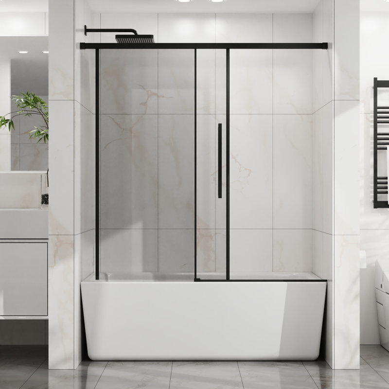 Bathroom Sliding Shower Door, 1/4" (6mm) Tempered Glass, Adjustable Width 56" - 60", Splash Proof, Stainless Steel Rollers, Matte Black 60" Adjustable，semi ，sliding Bathtub Door，6mm Clear