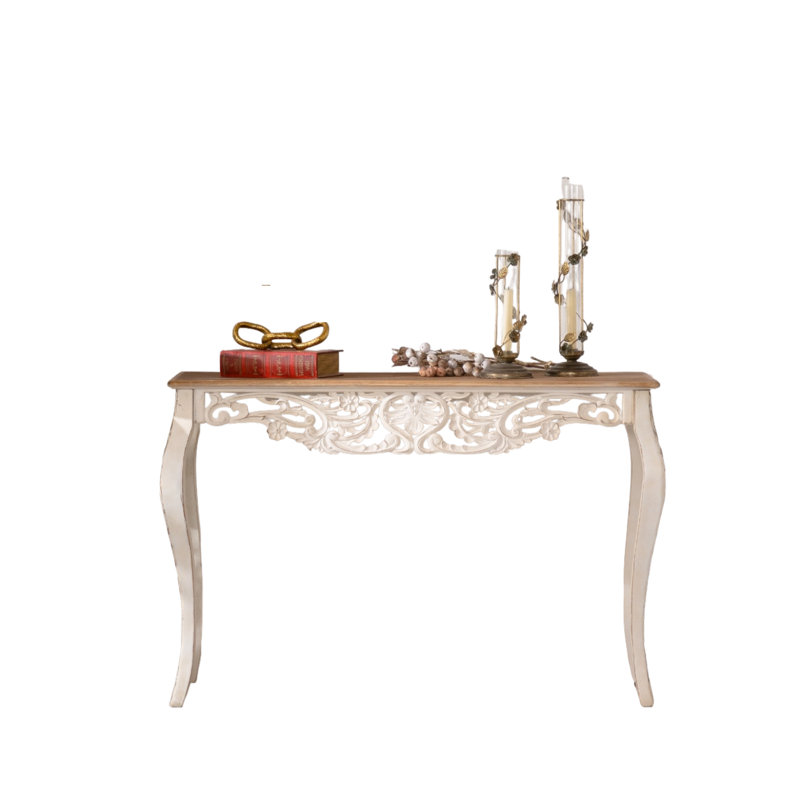 43.3-Inch White Rectangular Wooden Sofa Table – Featuring Unique Artisan Carvings