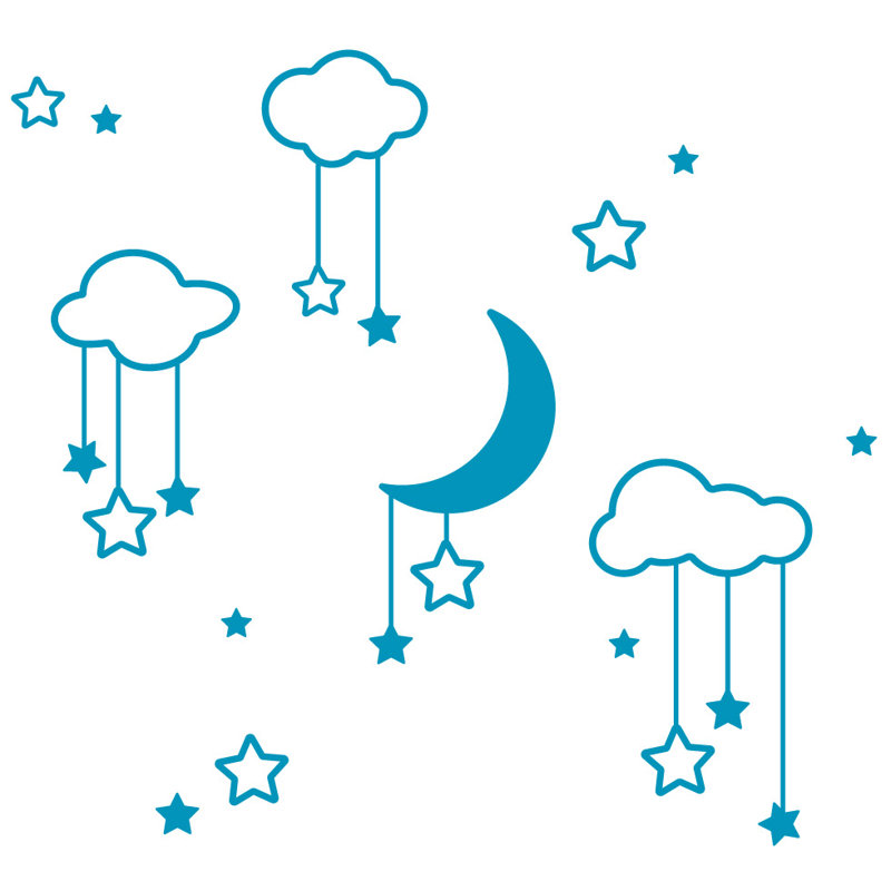 Décalcomanie murale étoiles et nuages lune, H 22 po x l 24 po x P 0,01 po, Bleu sarcelle