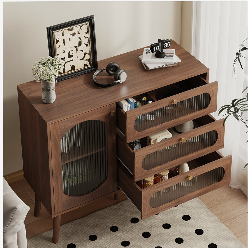 Armoire décorative avec 3 tiroirs et porte, armoire de rangement en bois avec tablettes, buffet de salon, entrée, naturel