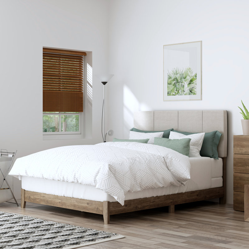 Arinola Upholstered Platform Bed, Knotty Oak/Beige