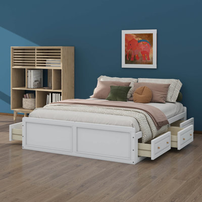 Wood Queen Size Platform Bed Frame With Six Drawers