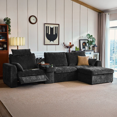 4-seater Chenille Oversized Power Recliner Sofa With Headrest, Modular Cloud Sectional Couch With Convertible Table, Charging, Drawer, Cup Holder, With Storage Ottoman