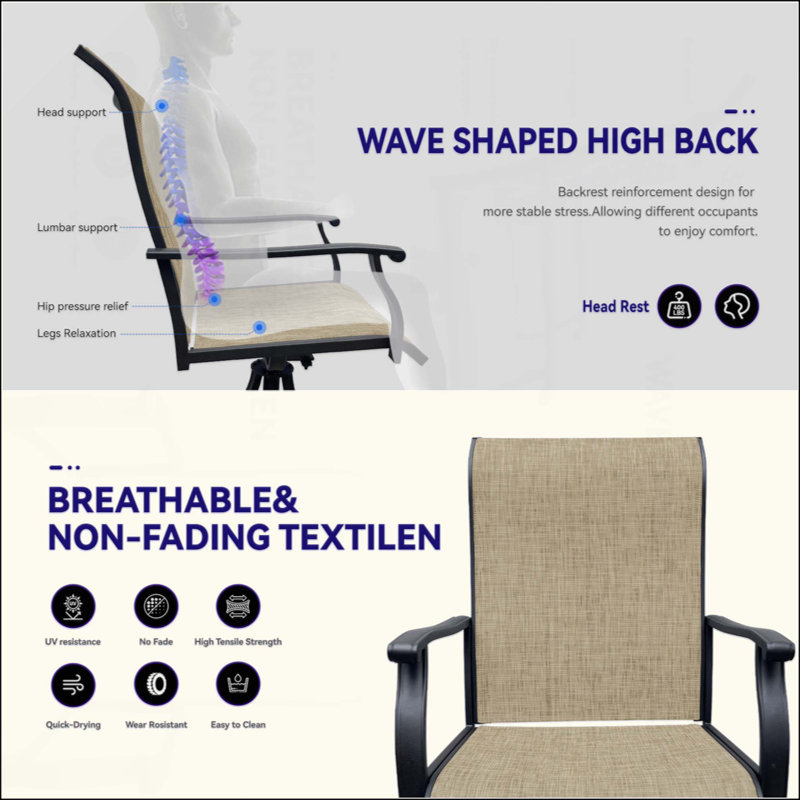 Ensemble de 2 chaises de salle à manger pivotantes pour l'extérieur, chaises de patio en PVC-coated polyester respirantes pour terrasse avant et arrière