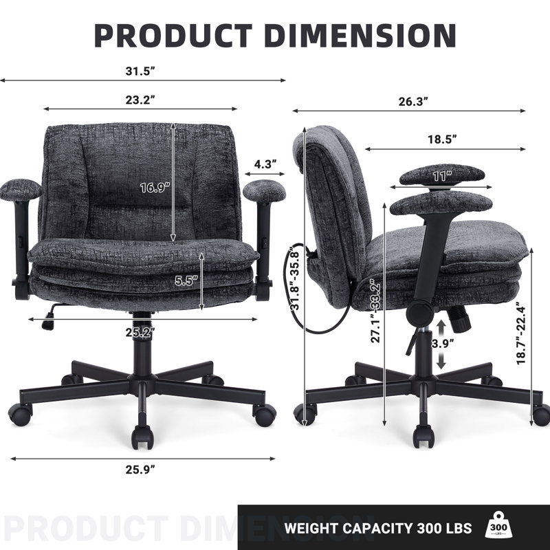 Criss Cross Chair with Flip-up Arms, Wide Criss Legged Chair with 3 Layer Cushion, Ergonomic Office Desk Chair with Wheels, Swivel Vanity Chair for Office, Living Room, Bedroom