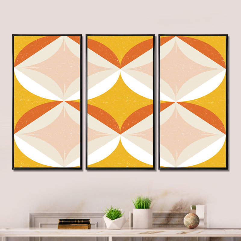"Retro Abstract Design", impression sur toile encadrée 3 pièces, Cadre noir, H 28 po x l 36 po x P 1 po