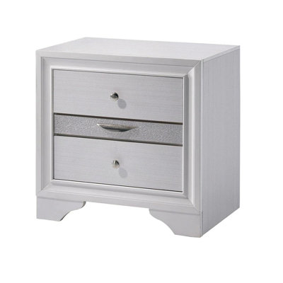 Table de chevet moderne blanche avec détails argentés élégants et espace de bijoux caché Table de chevet transitionnelle en bois massif avec garniture de tiroir