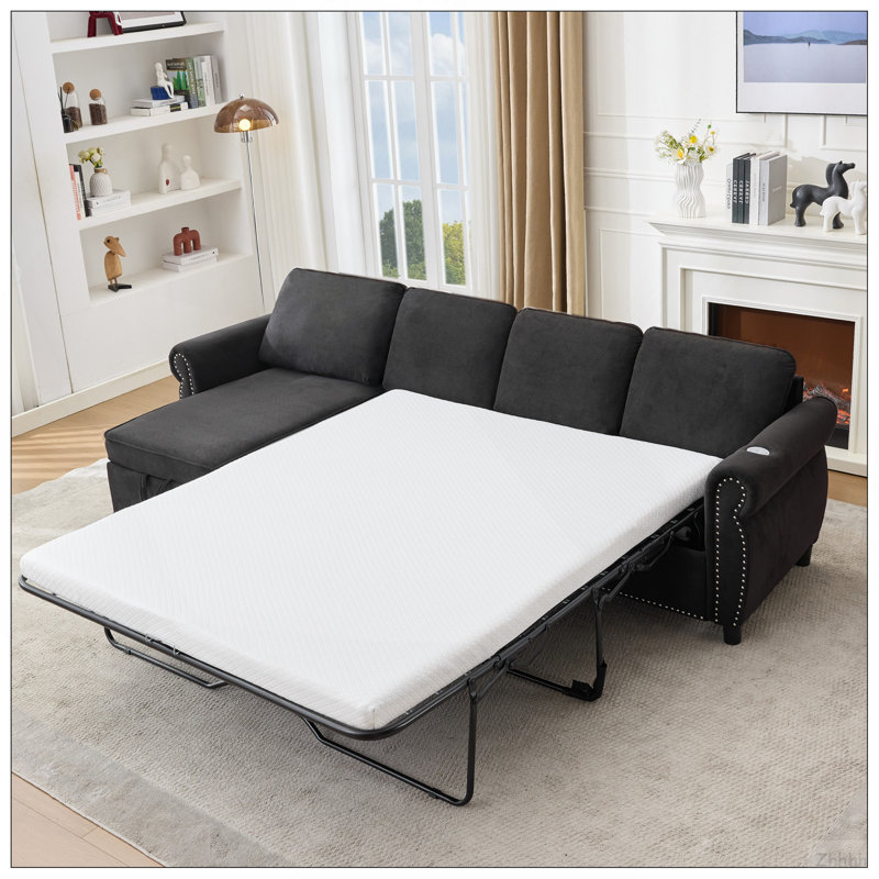 [Nouveauté] [Vidéo fournie] Canapé-lit escamotable de 106,5 po, canapé modulaire en L 4 places, canapé-lit 2 en 1, chargement sans fil, ports de chargement USB, matelas en mousse à mémoire de forme, espace de rangement, flanelle, noir