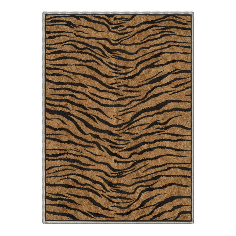 Albertslund Tigris Animal Print Tiger Stripe Machine Washable Brown / Black Indoor Area Rug with Non-Slip Backing