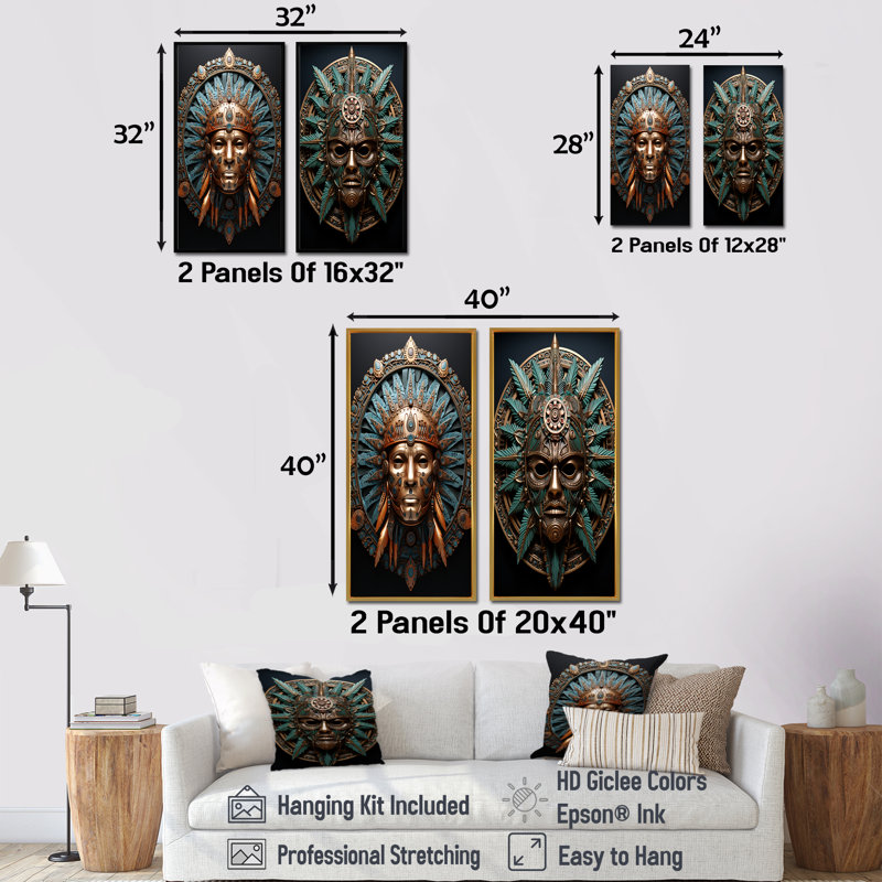 Emerald and Black Native Warrior Mask - ensemble de 2 impressions sur toile abstraites, H 28 po x l 25 po, Toile tendue