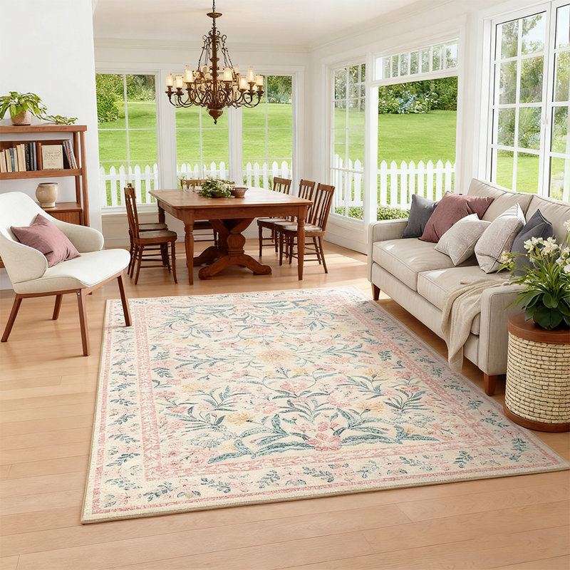 Machine-washable pink carpet Bohemian floral carpet, Rectangle 8' x 10'