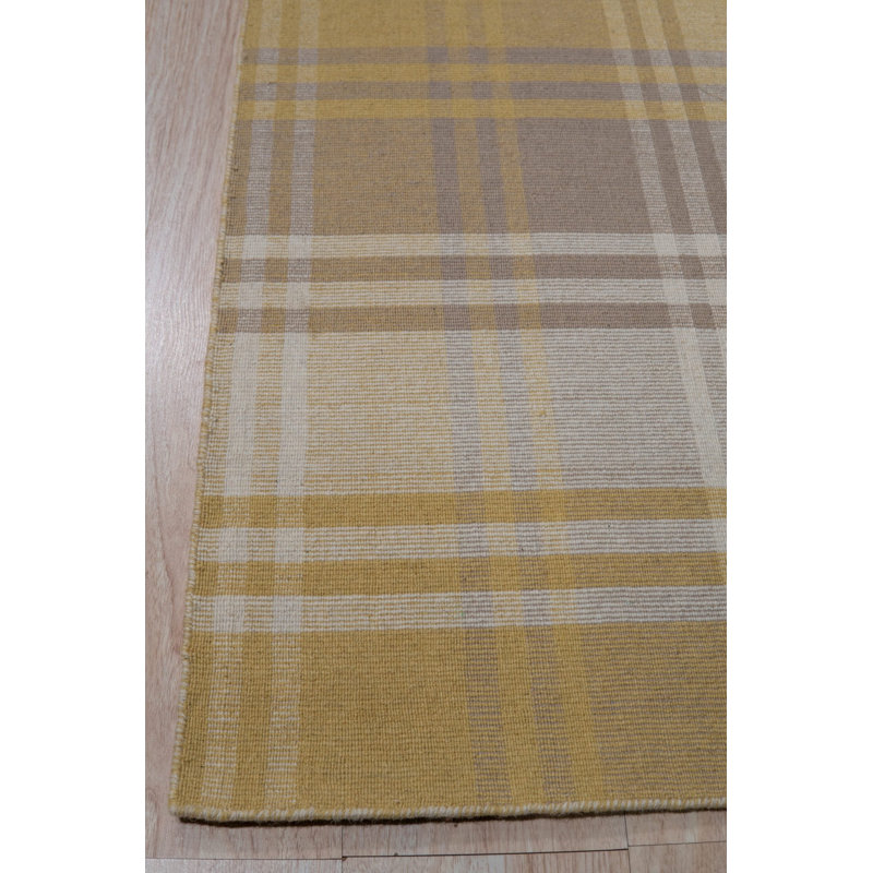 Yellow Hand-Knotted Wool Golden Plaid Weave Geometric Modern Contemporary Carpet Rug, 5' x 8'