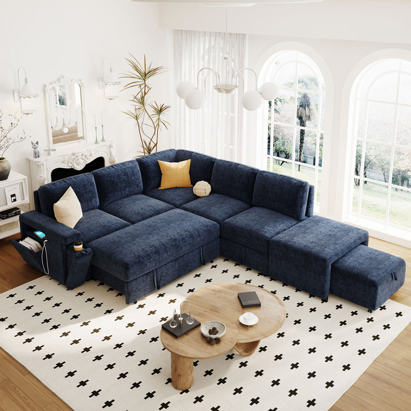 Canapé-lit escamotable en L avec rangement, Polyester bleu