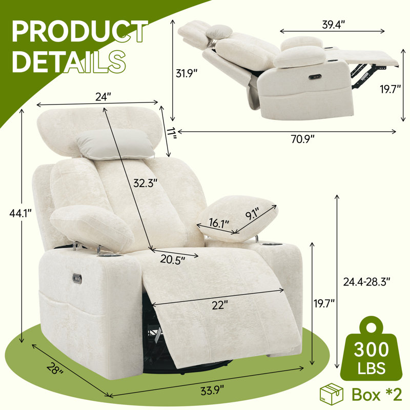 Fauteuil inclinable électrique pivotant avec accoudoirs rabattables, Velours beige
