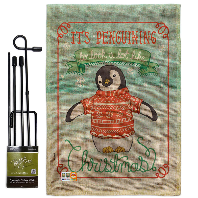 Il est penguining de regarder des impressions de noël hivernales à 2 côtés, en toile jutes, 19 po x 13 po. ensemble de drapeau