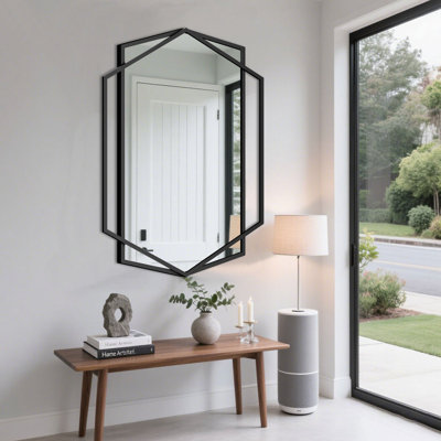 Miroir mural décoratif, miroir mural moderne pour salle de bain, miroir mural avec cadre en métal noir irrégulier et rectangulaire