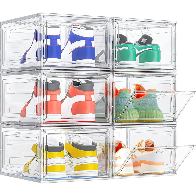 Shoe Storage Box, 6 Pcs Shoe Box Clear Plastic Stackable, Sturdy Foldable Shoe Organizer Containers With Magnetic Door, White