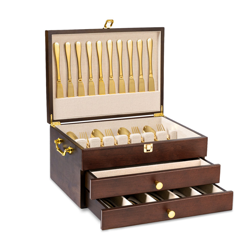 3-layer Silverware Storage Box With Drawer, Wooden Silverware Chest With Handle And Linen Liner For Storing Fine Flatware And Utensils, Walnut