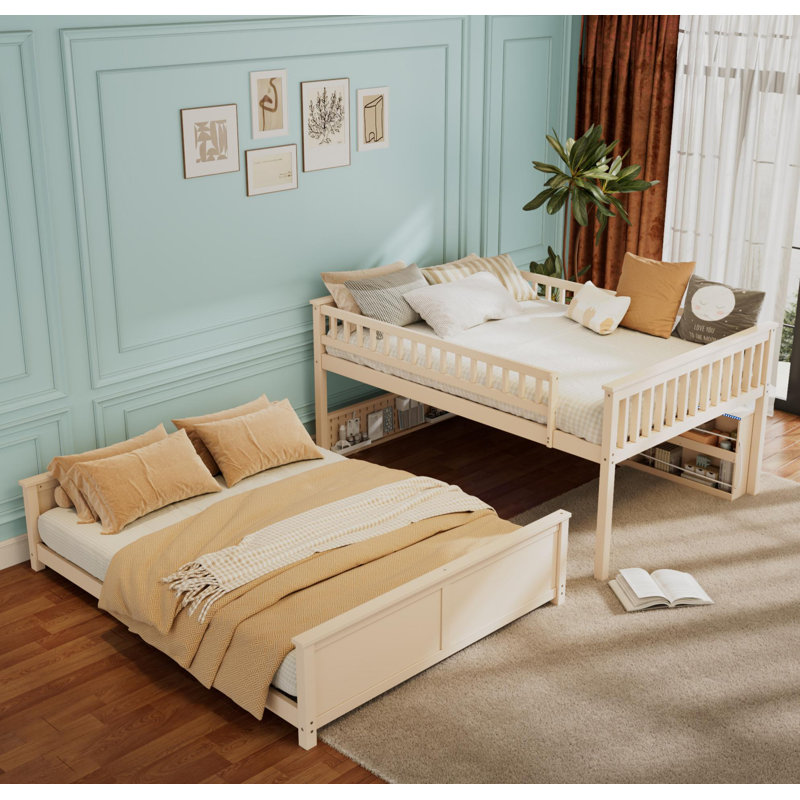 Lit double superposé au-dessus de grand lit double avec tablettes intégrées, lumières à changement de couleur et panneau perforé, beige