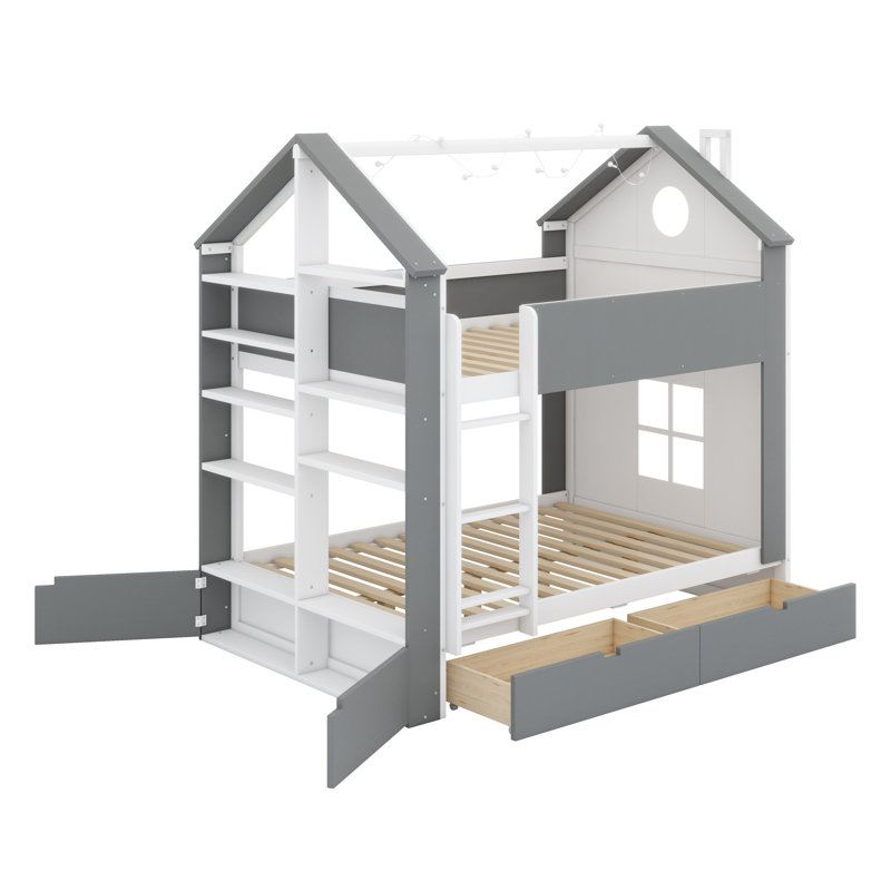 Lit superposé avec tiroirs et étagères, éclairage intégré et conception de maison pour chambres partagées, White+grey