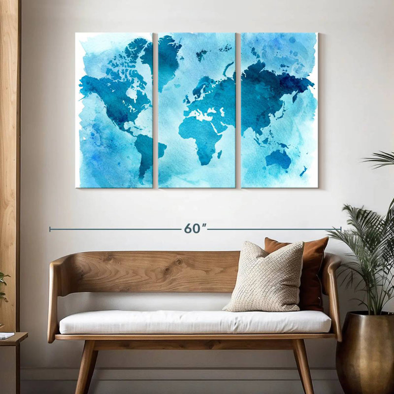 Carte du monde bleue rétro Aliaz, H 32 po x l 50 po