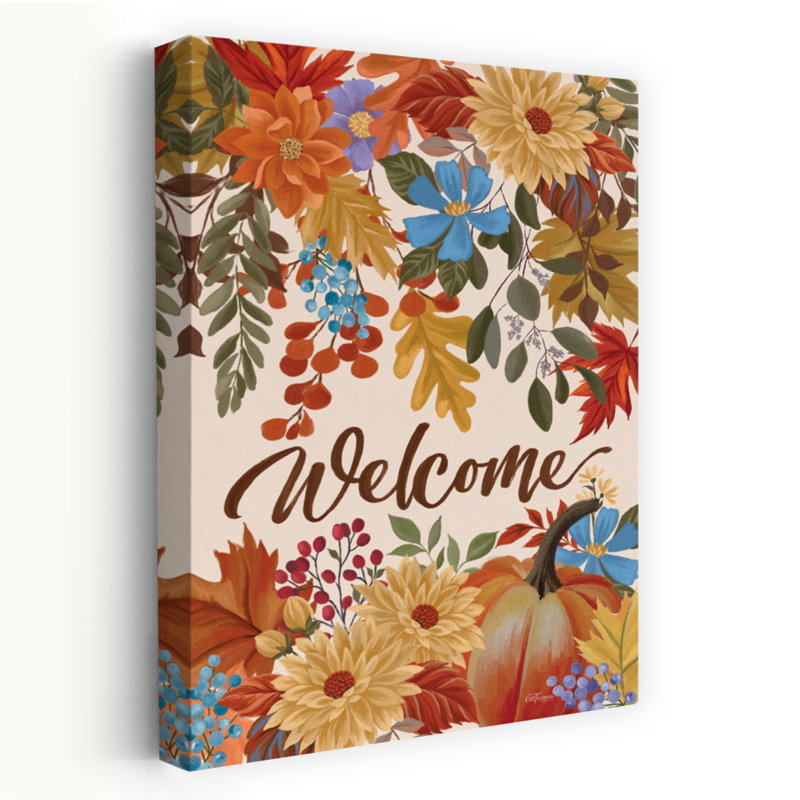 «Welcome Fall», art contemporain citrouille feuillage d'automne contemporain, H 36 po x l 24 po