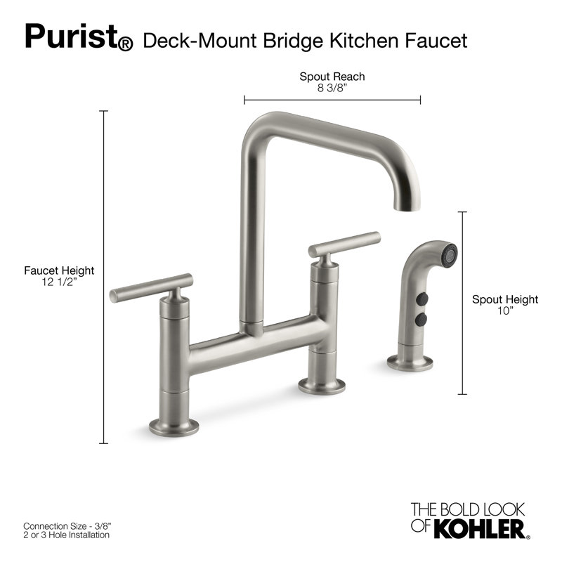 Kohler Purist Two Handle Deck-Mounted Bridge Kitchen Sink Faucet with Pull Out Side Sprayer, Vibrant Stainless
