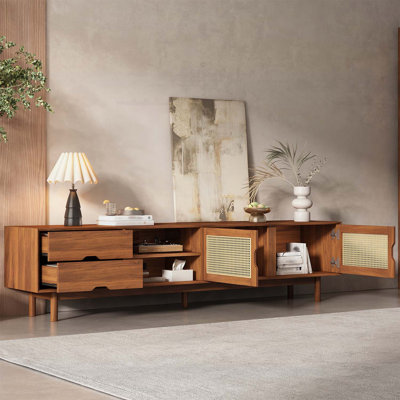 Console multimédia moderne avec 2 tiroirs, pieds en bois, pour le salon, centre de divertissement moderne