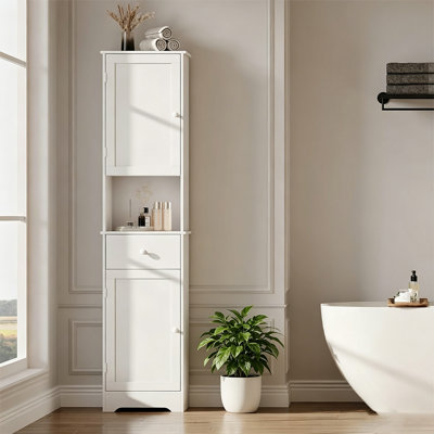 Grande armoire de rangement moderne blanche - Armoire de salle de bain multifonctionnelle à 2 portes et 2 tiroirs - Armoire autoportante élégante avec tablettes réglables pour le bureau à domicile et la chambre à coucher