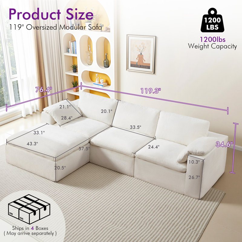 Modular Boneless Sectional Sofa, No-assembly Sectional/corner Couch, Chenille, White, L-shape (4-seater)