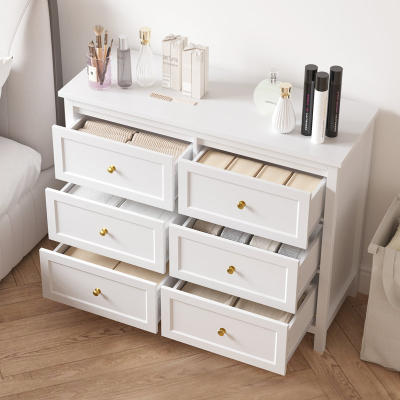 6 Drawer Dresser For Bedroom, 41" Wide Large Chest Of Drawers With Golden Handles, Modern Modern Bedroom Storage Dresser For Closet And Living Room, White
