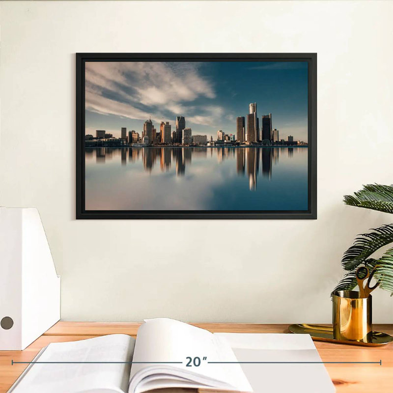 Reflet de Detroit Skyline, Cadre flottant noir, 13 po x 9 po