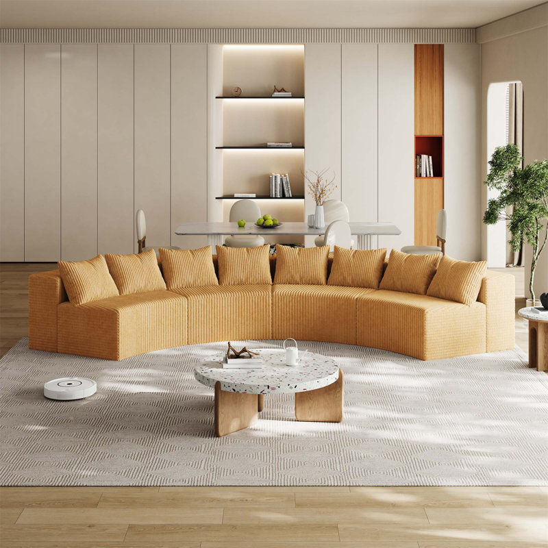 Canapé modulaire incurvé avec 8 coussins Corduroy, Velours côtelé jaune