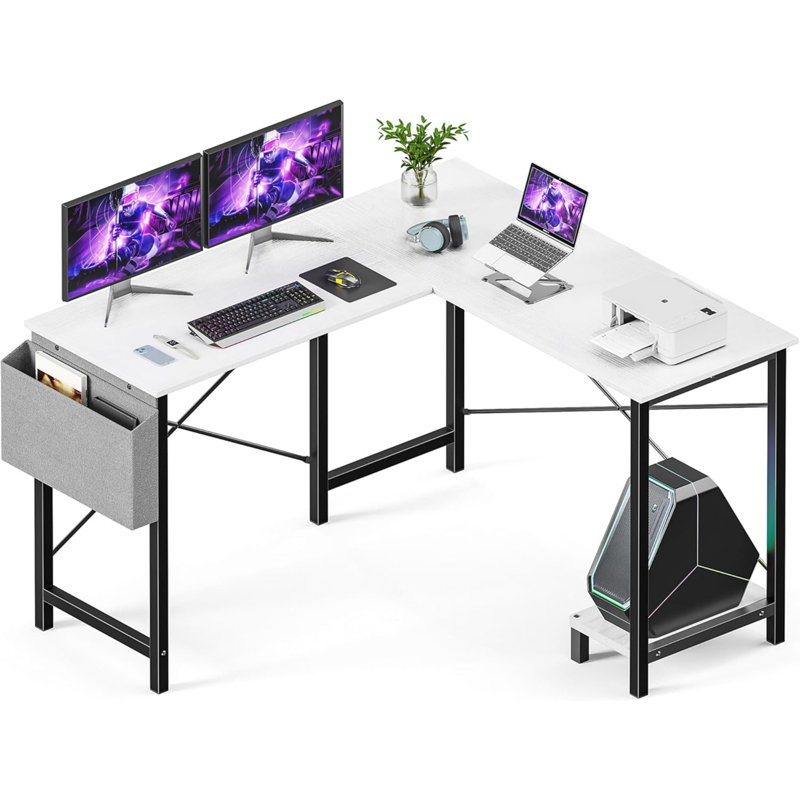 PC de table de coin en L réversible pour ordinateur de bureau en L avec tablette en bois et support en métal pour unité centrale 