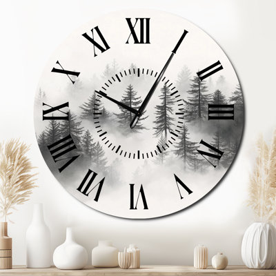 Monochrome Forest Grey and White Foggy Pines - Rustic Non-Ticking Metal Wall Clock